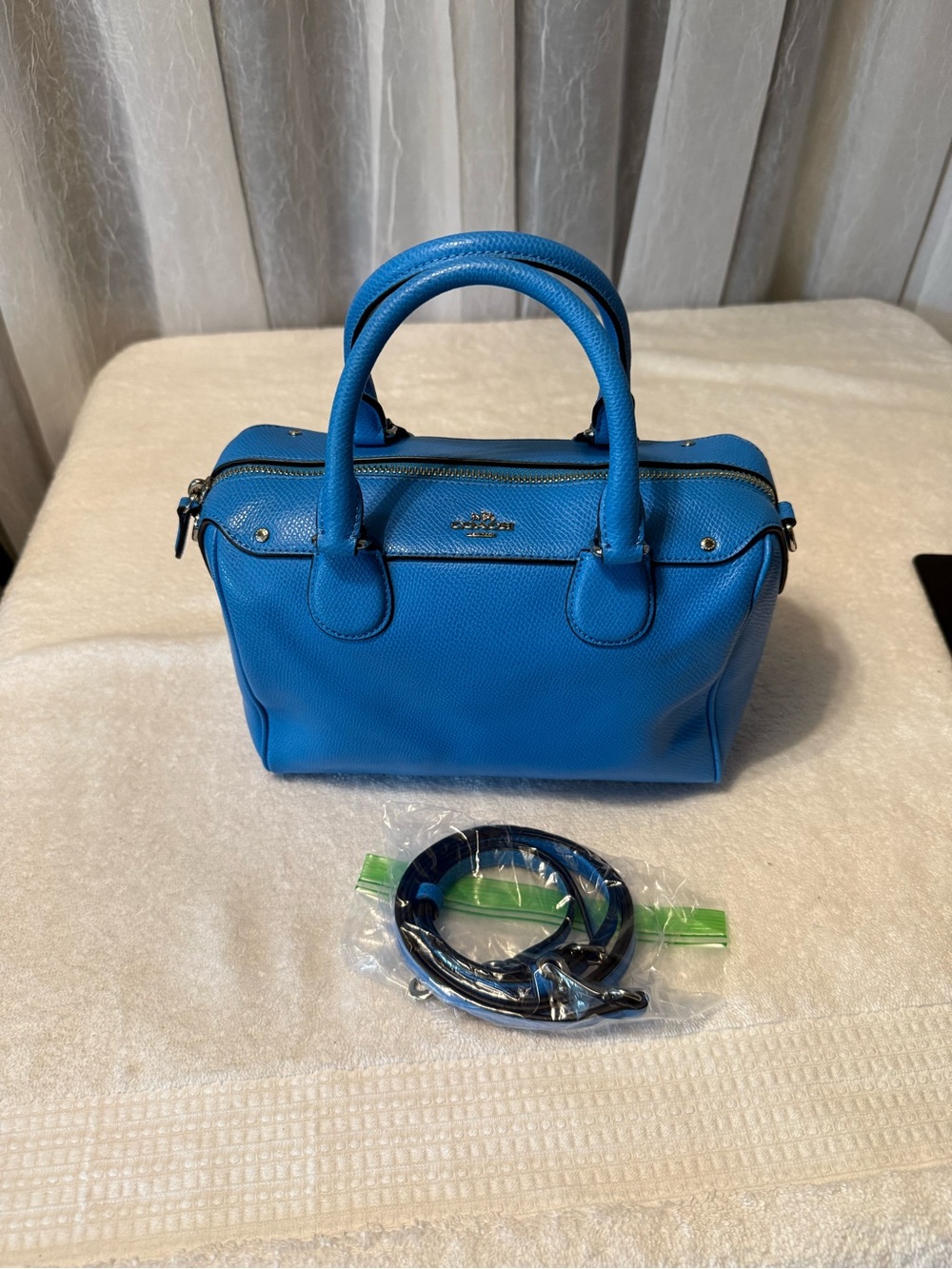 Coach Pebbled Leather Boston/Speedy Satchel in Blue with Silverware Hardware